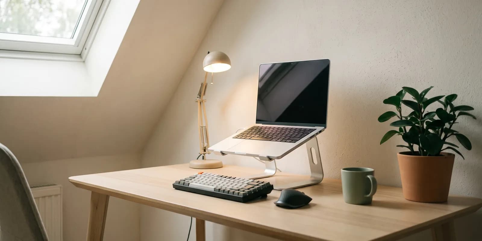 Homeoffice-Schreibtisch am Fenster mit einem erhöhten Laptop auf einem Ständer, separater Tastatur und Schreibtischlampe