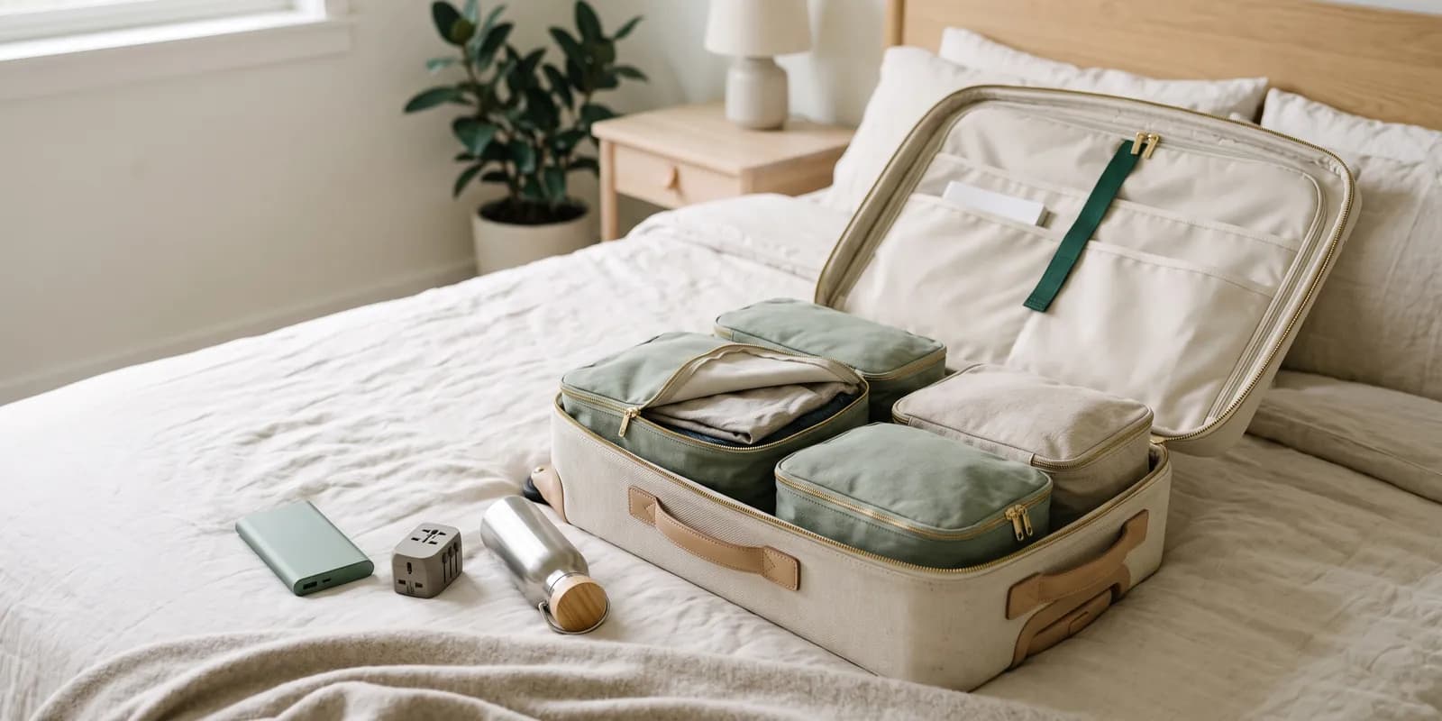 Geöffneter Handgepäckkoffer mit Packwürfeln, Powerbank, Reiseadapter und nachfüllbarer Trinkflasche
