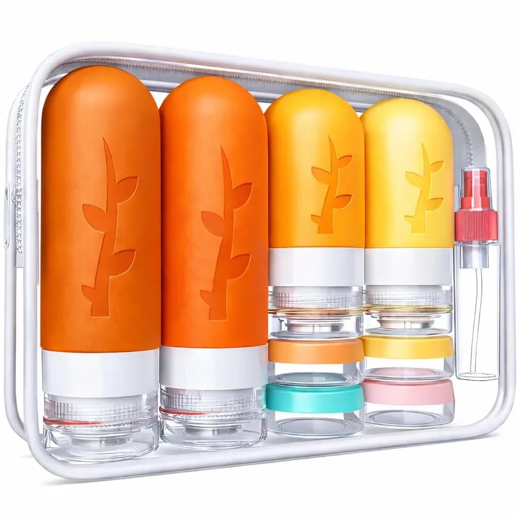 Travel bottles set in apricot, a warm peach color