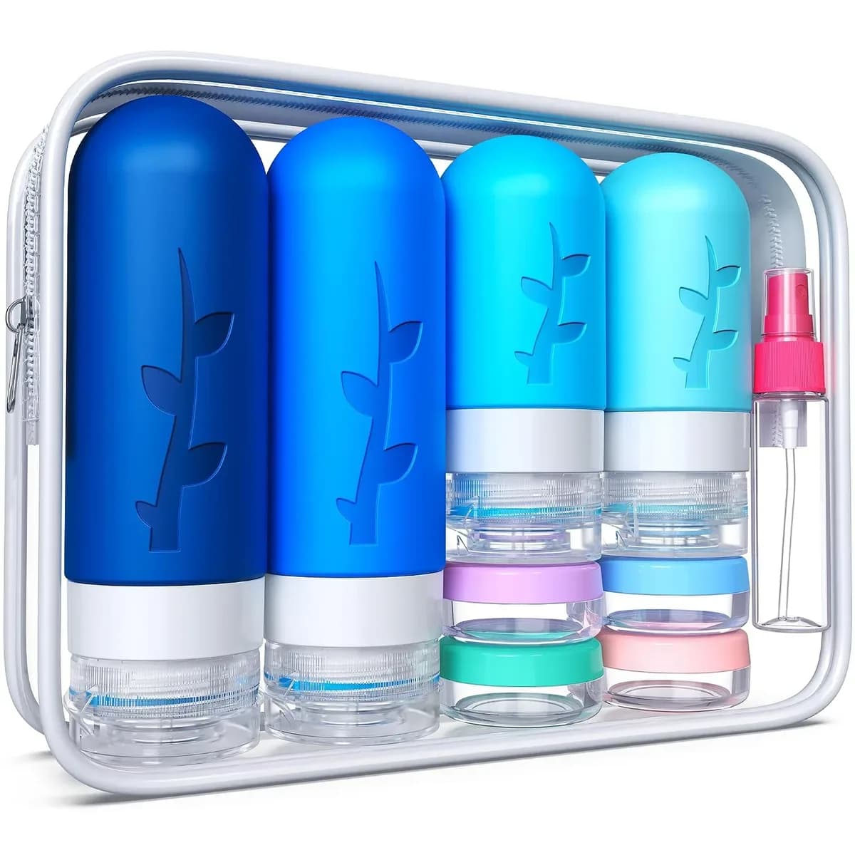 Travel bottles set in blue, a calm cool shade