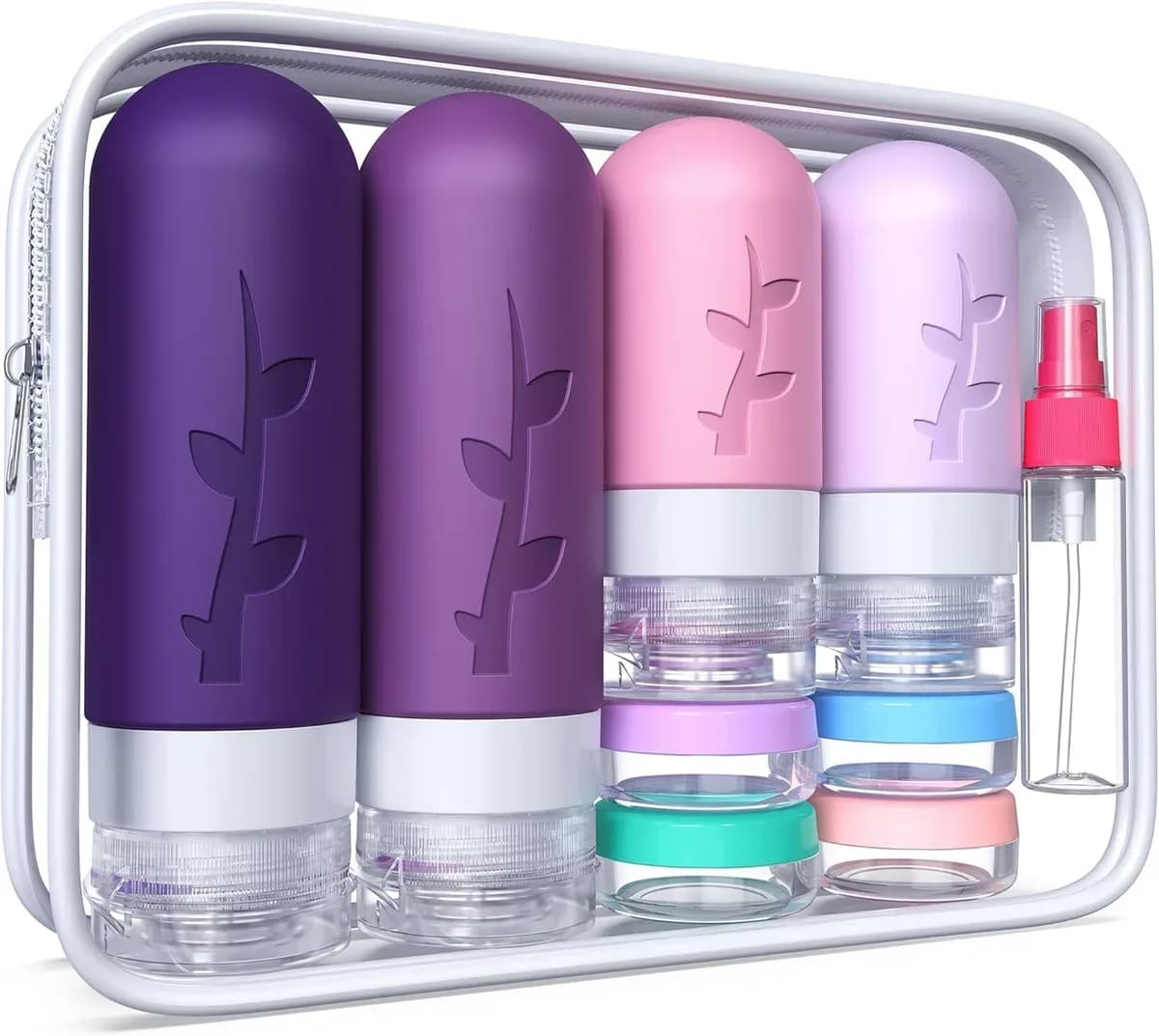 Travel bottles set in violet, a soft purple shade