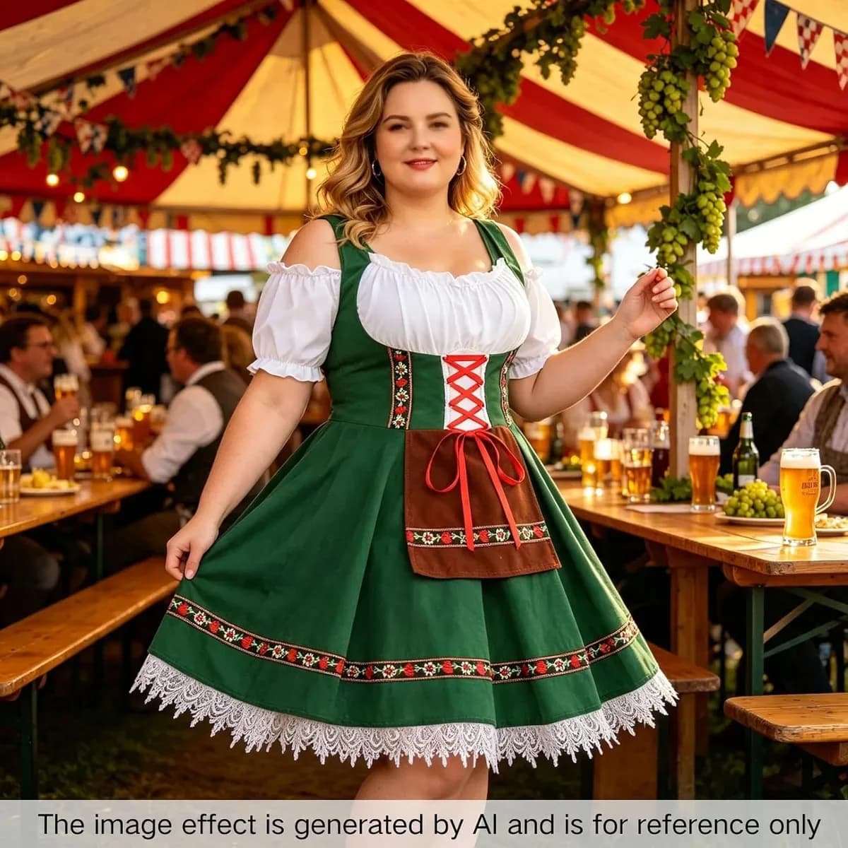 Woman at a beer festival wearing a velvet dirndl dress