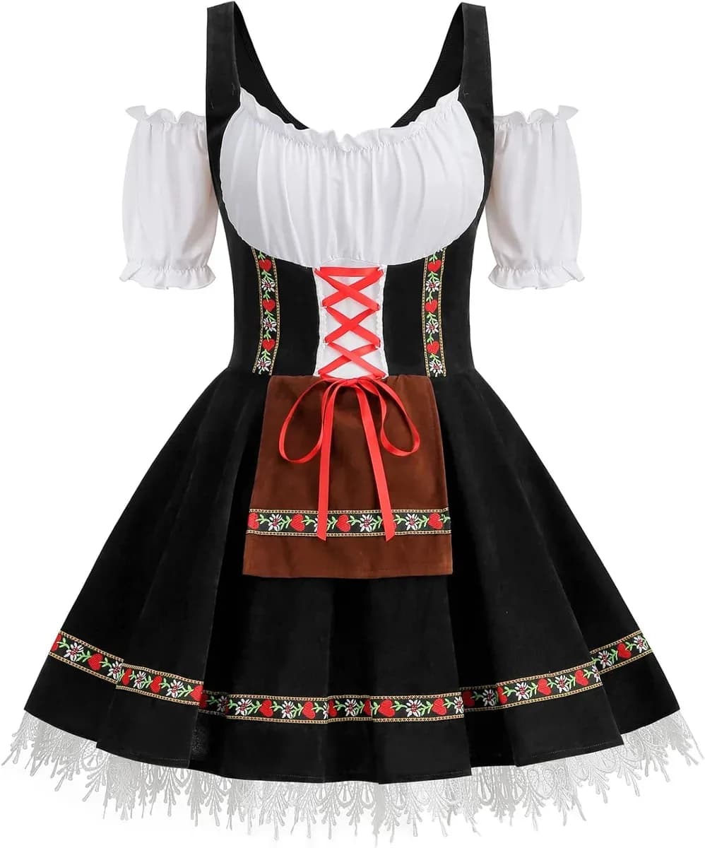 Black velvet dirndl dress with a full skirt