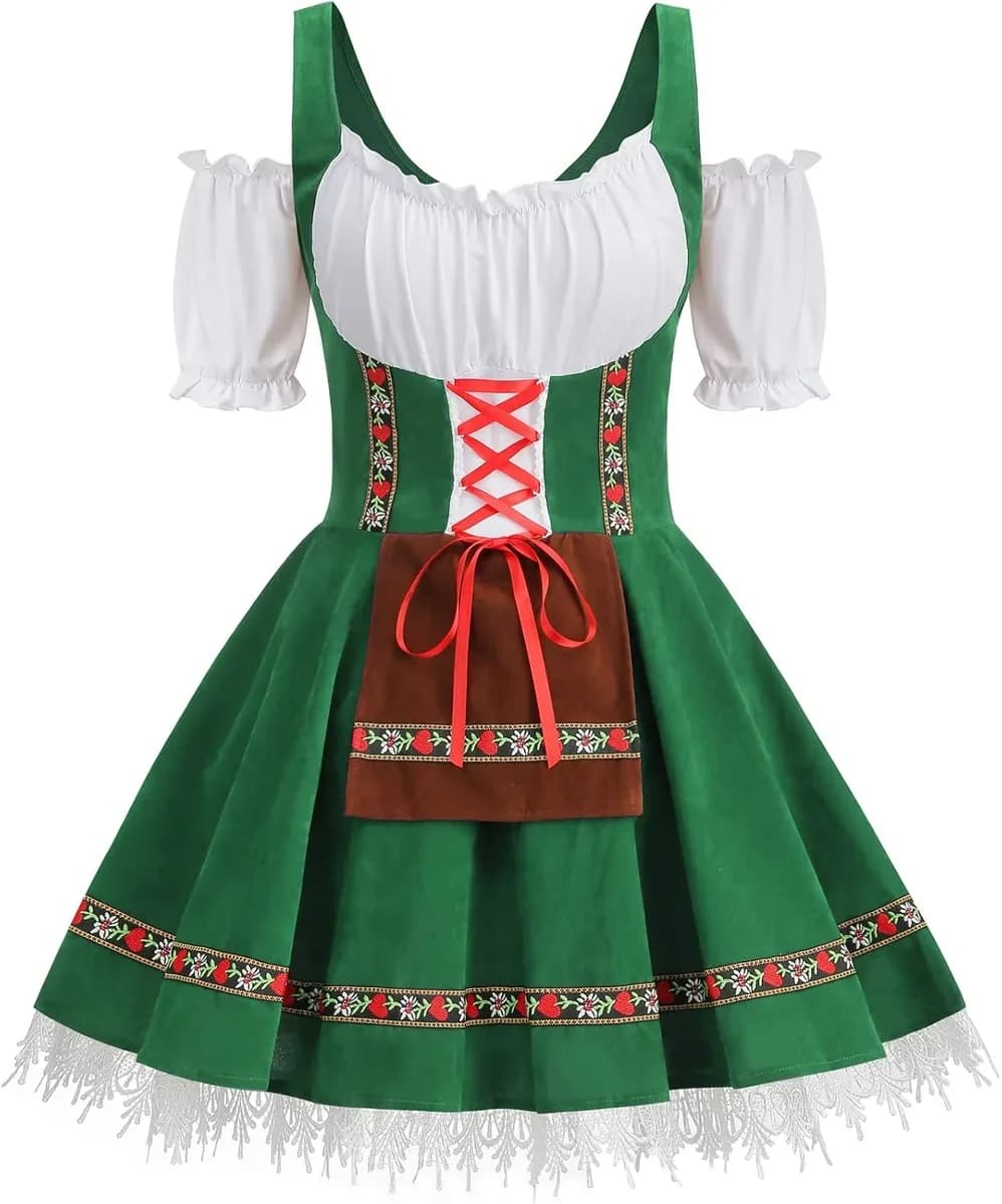 Green velvet dirndl dress with lace-up bodice and puff sleeves