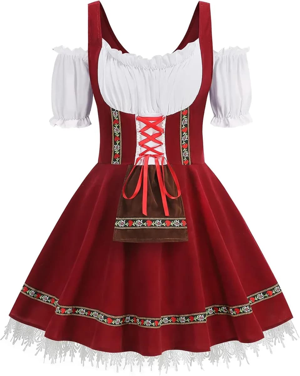 Red velvet dirndl dress with embroidered trim