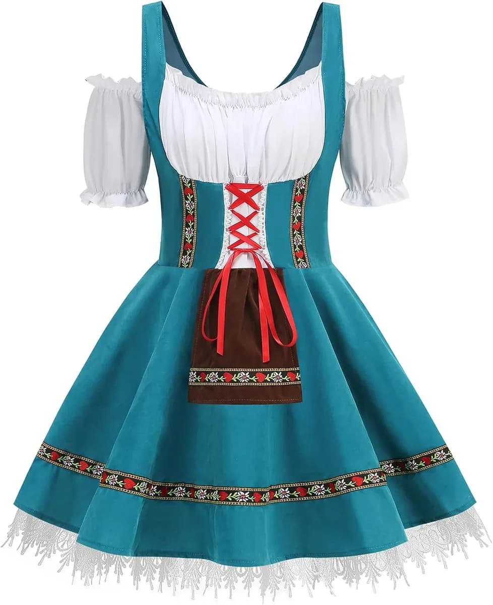 Turquoise velvet dirndl dress with lace-up front