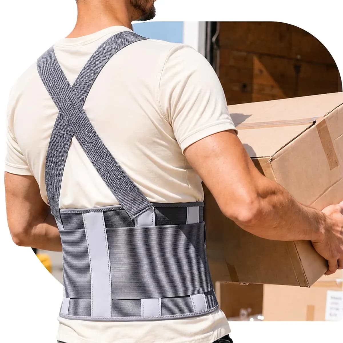 Grey back brace with suspenders and double-pull straps