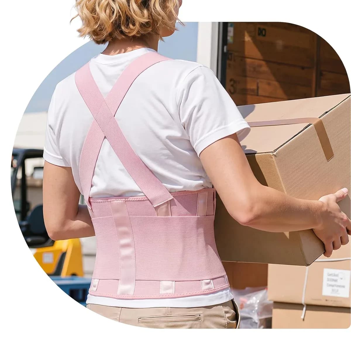 Pink back brace with suspenders for lower back support