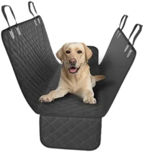 Black dog car seat cover set up as a back seat hammock