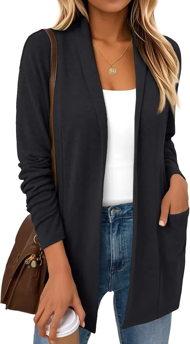 Black open front cardigan in a soft lightweight knit