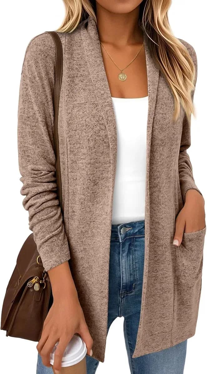 Brown open front cardigan with a hip-length cut
