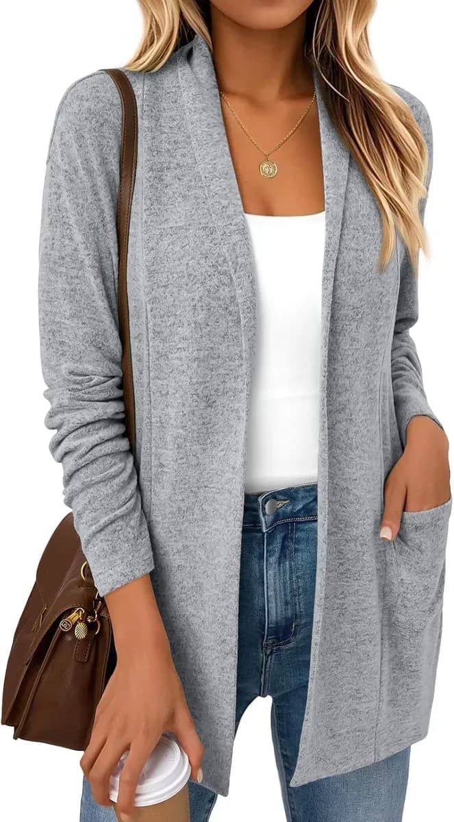 Grey open front cardigan with long sleeves and pockets