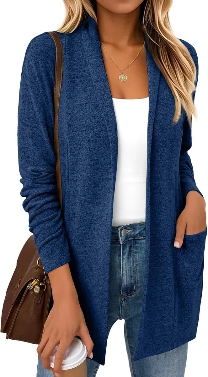 Navy open front cardigan in a breathable knit