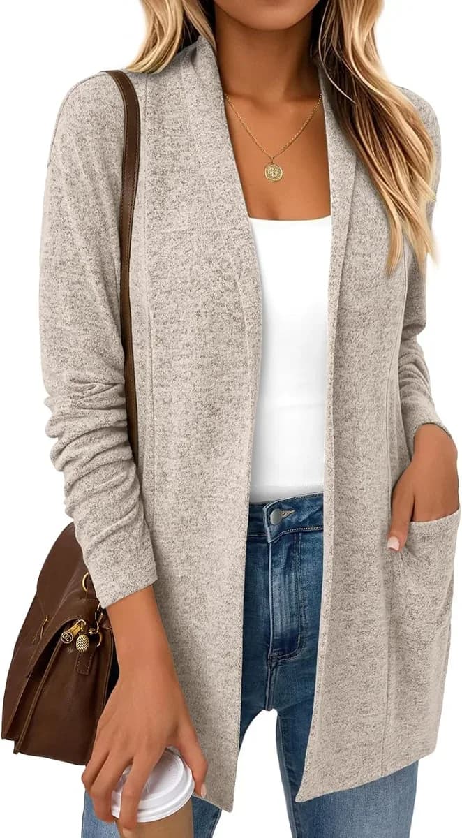 Oatmeal women's lightweight open front cardigan with pockets
