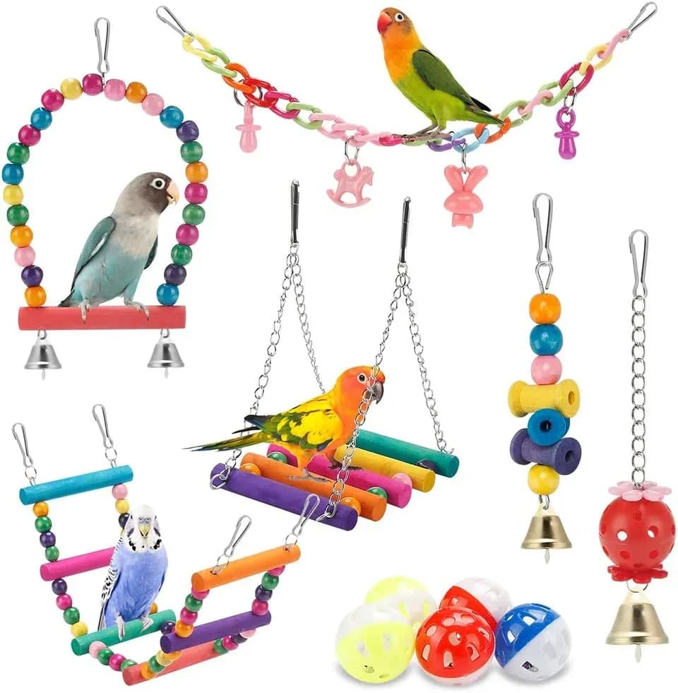 11-piece parakeet toys set with swing, ladder, hammock and bells