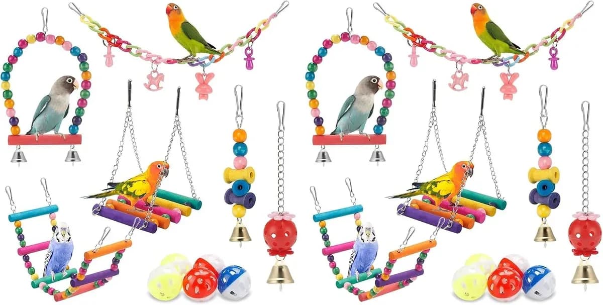Two sets of parakeet toys, 22 pieces laid out together