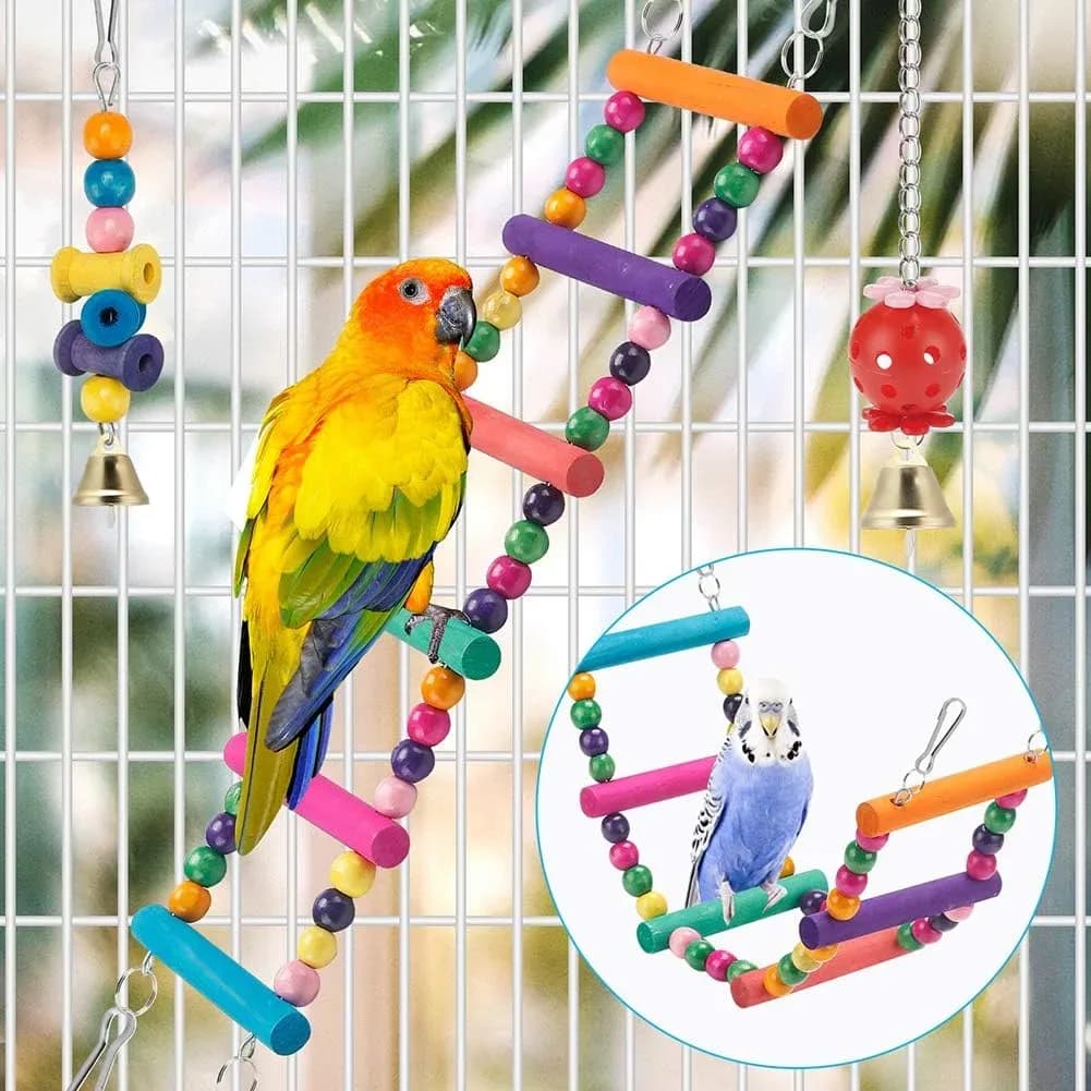 Parakeet climbing the wooden ladder from the parakeet toys set