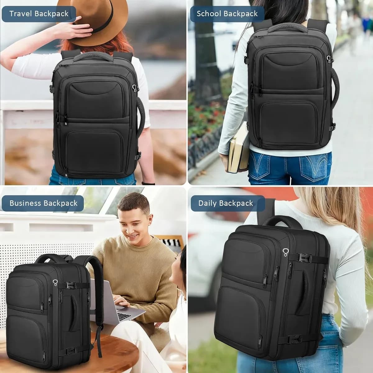 Carry-on travel backpack shown from every side