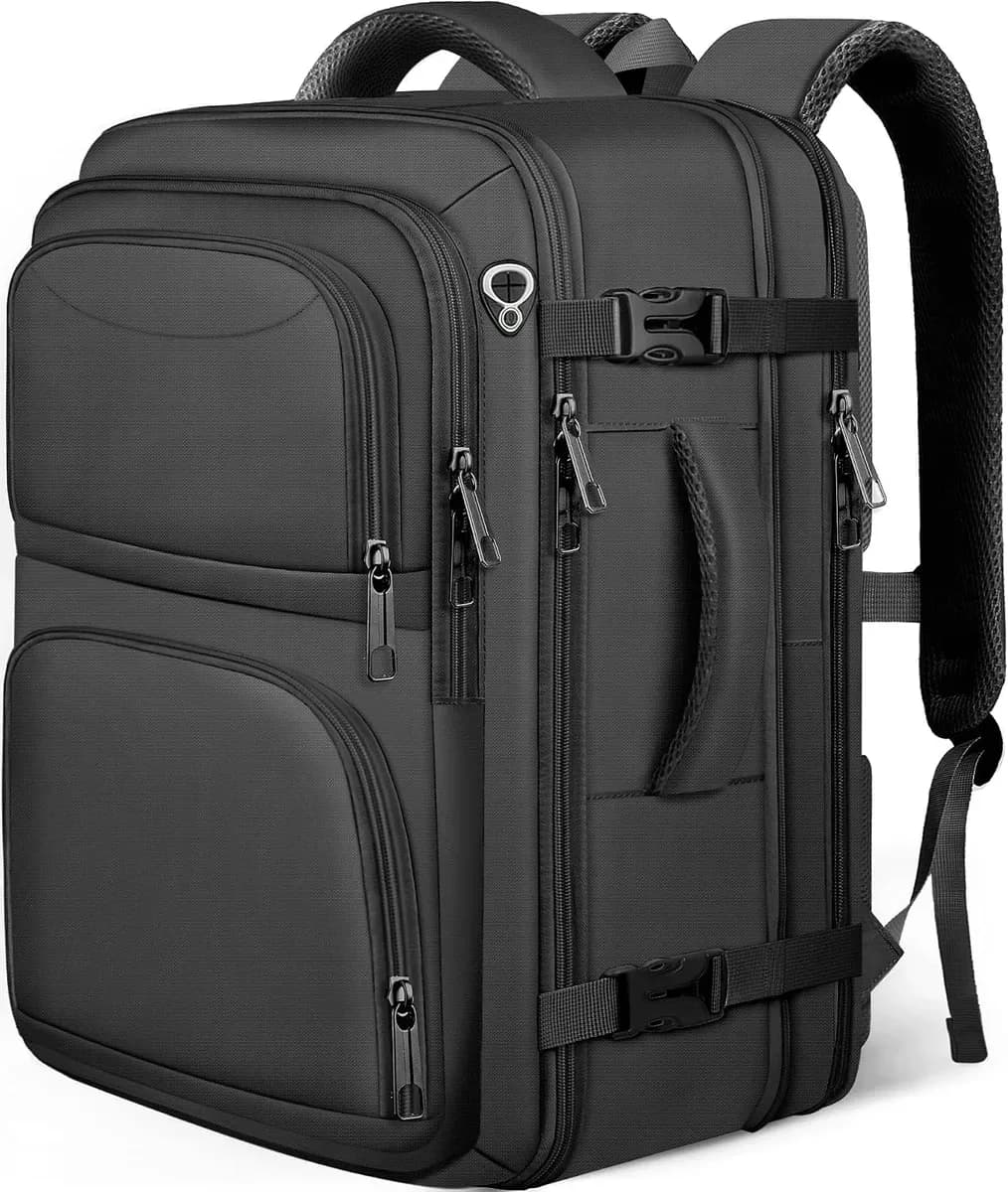 Black expandable carry-on travel backpack, front view