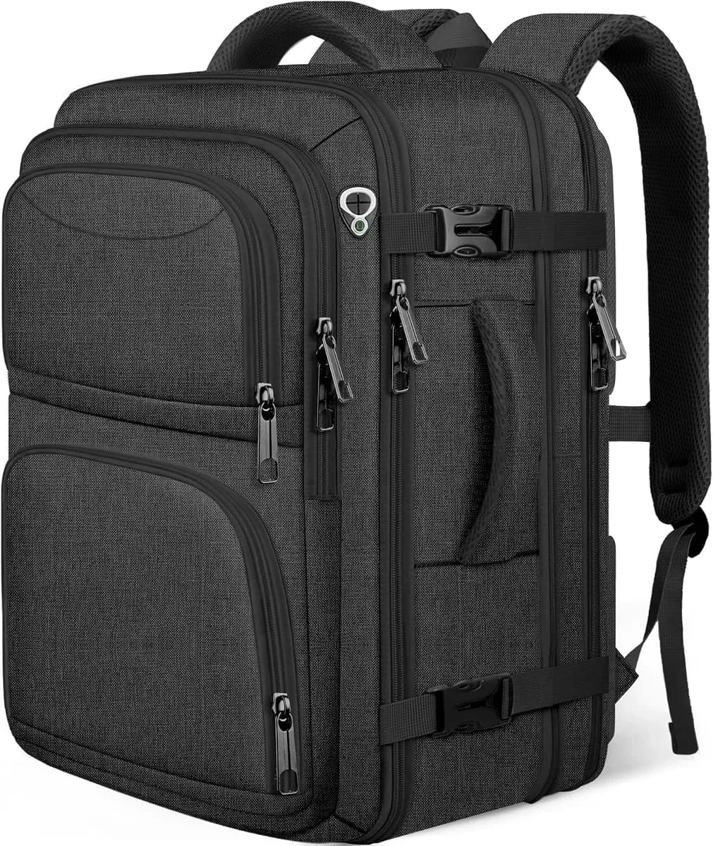 Carry-on travel backpack in black with padded straps