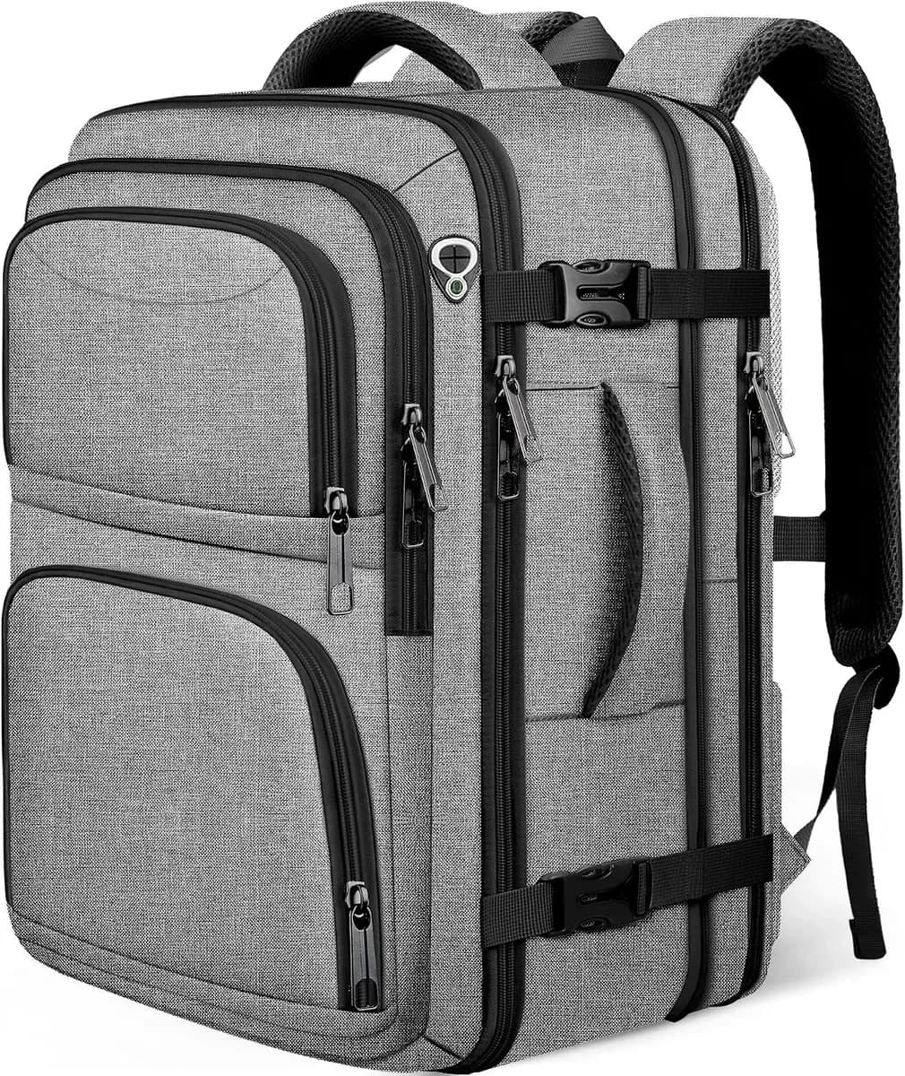 Carry-on travel backpack in grey, larger 18.4 inch version