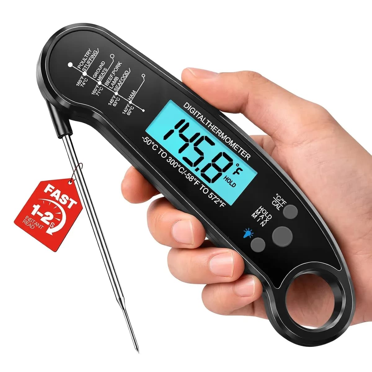Black instant read meat thermometer with backlit screen lit up