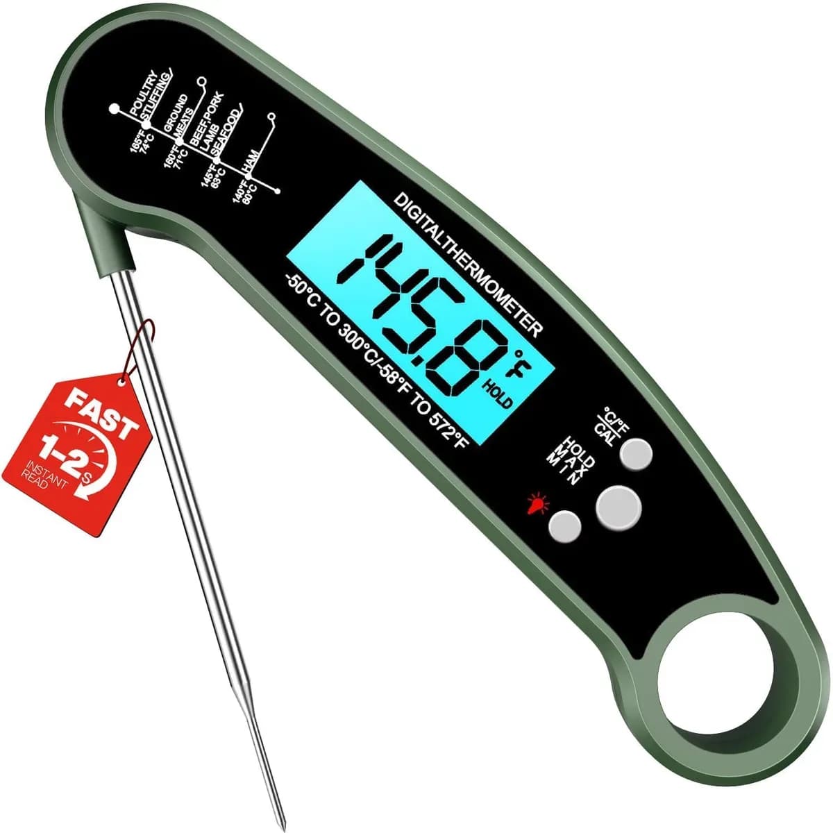 Green instant read meat thermometer, product view