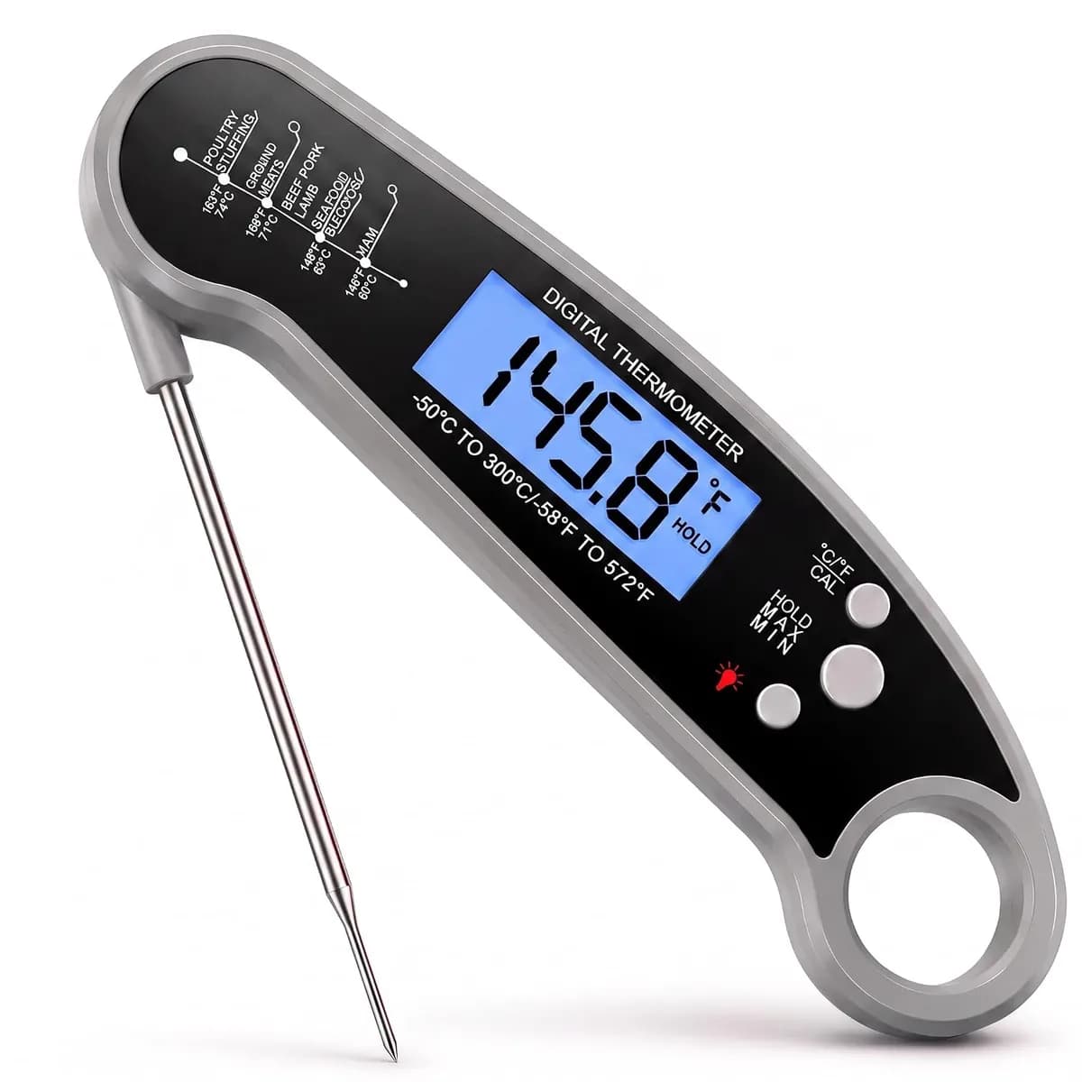 Grey instant read meat thermometer, product view