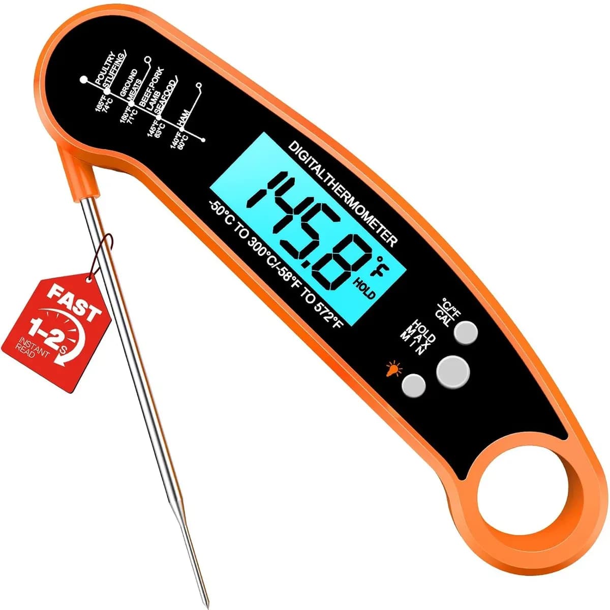Orange instant read meat thermometer, product view