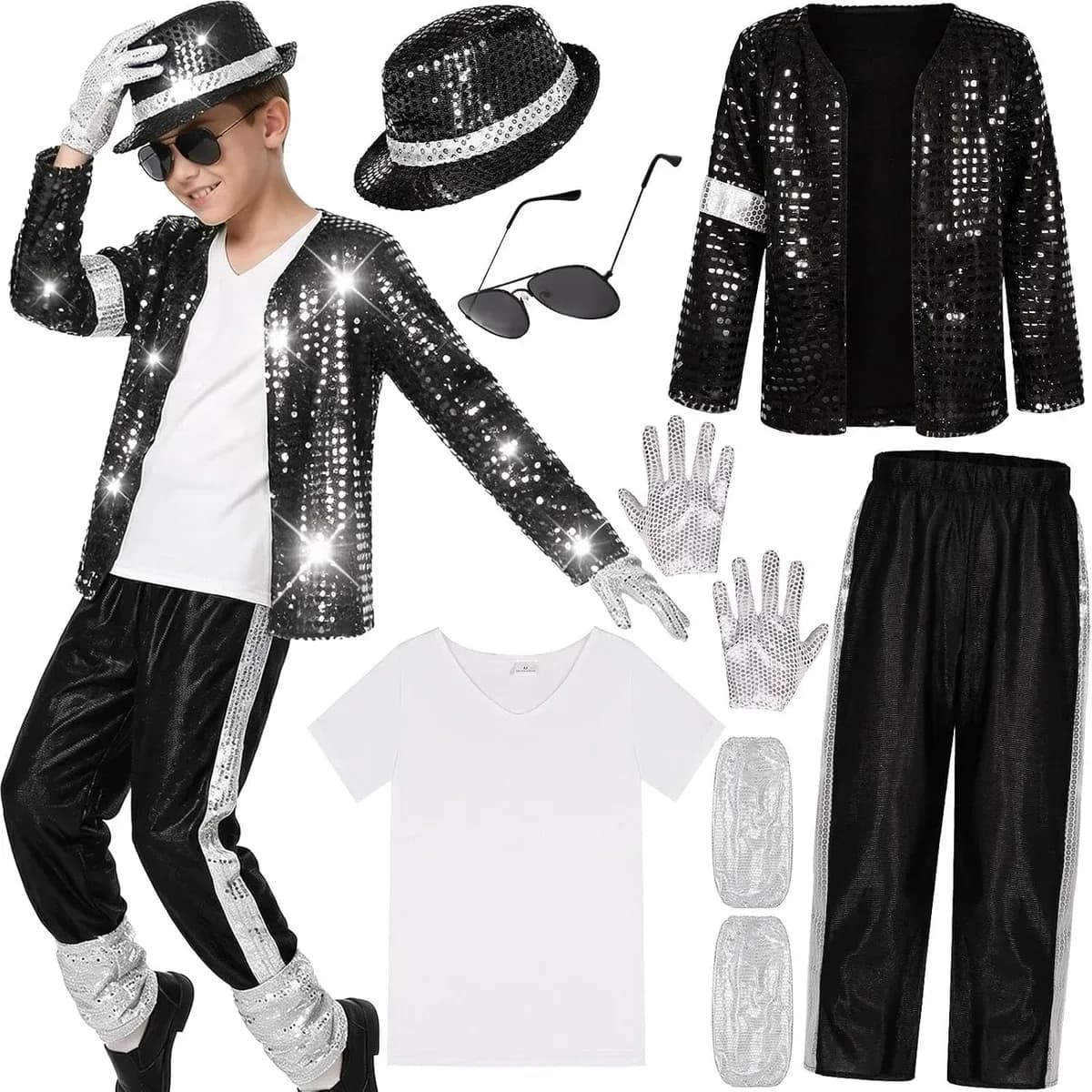 Kids 80s pop star costume with sequin jacket and all accessories