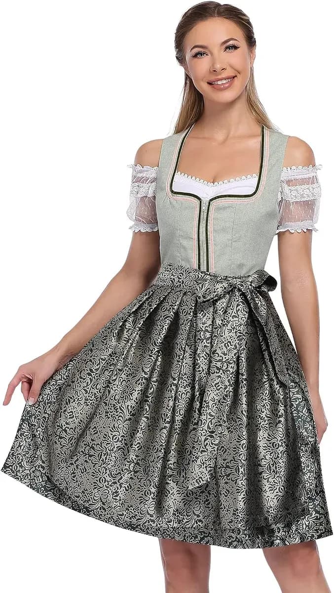 Army green dirndl dress with blouse and apron, full length