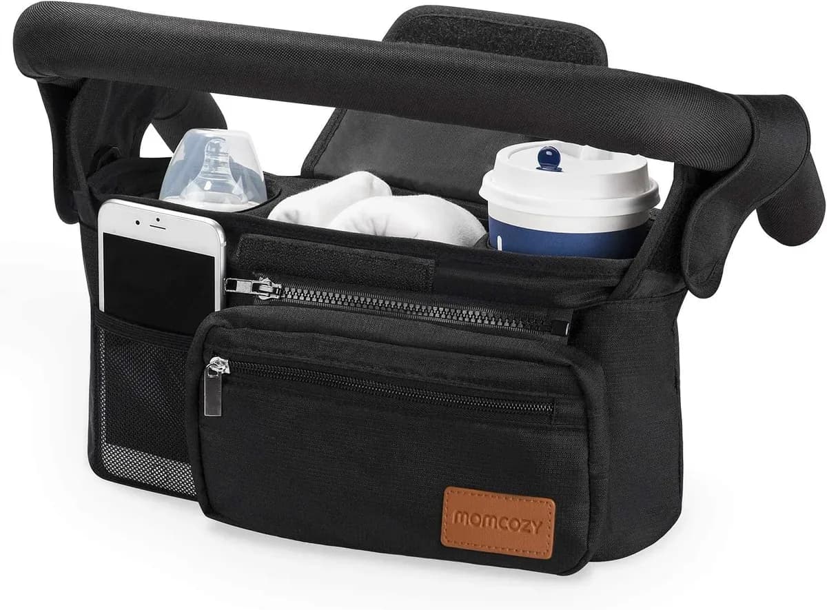 Black stroller organizer with two insulated cup holders and phone pocket