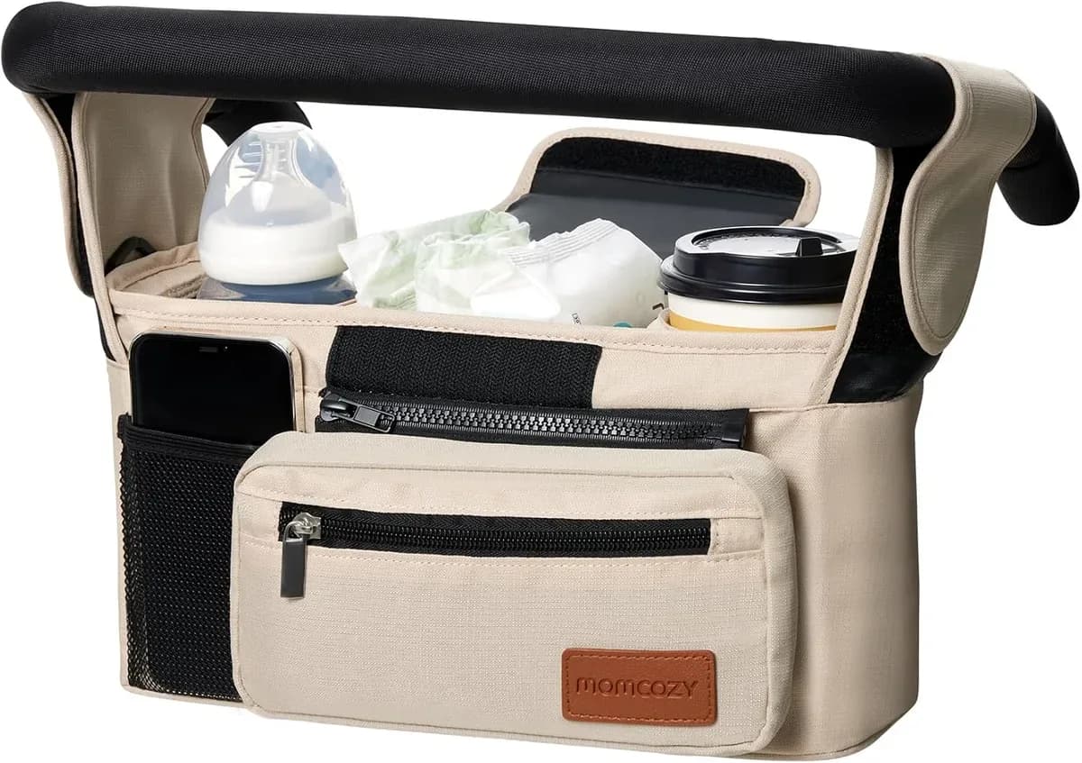 Stroller organizer in khaki, front view with zipped center section