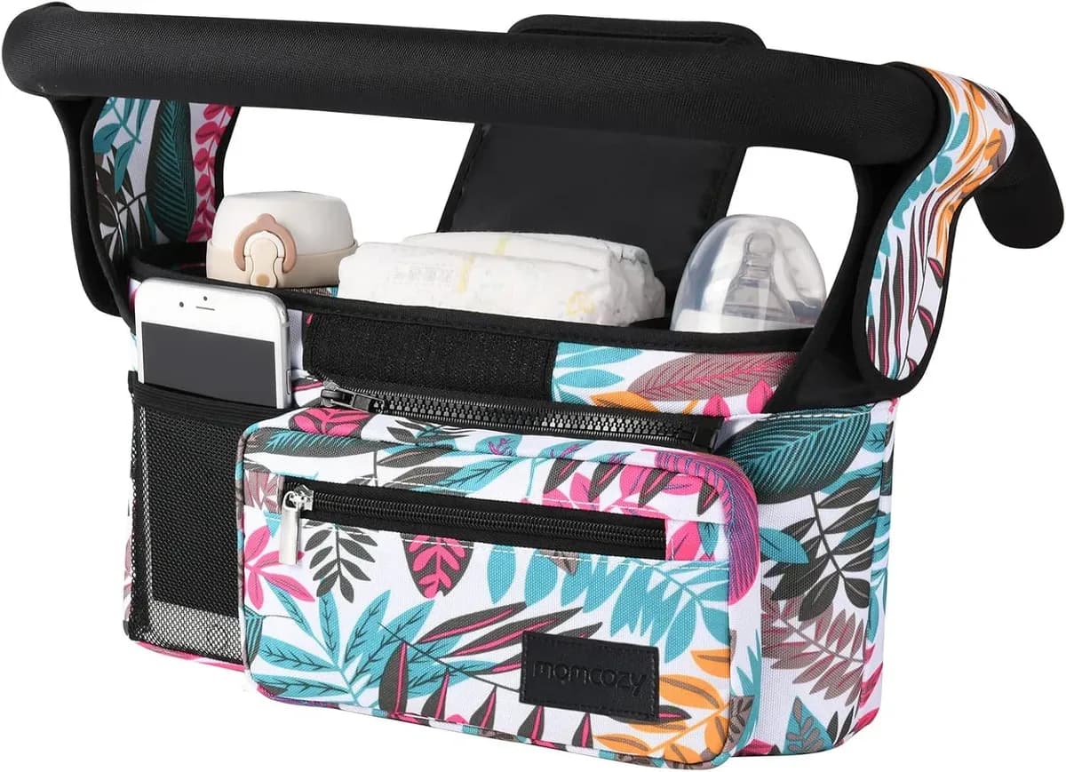 Multicolor stroller organizer with cup holders and shoulder strap