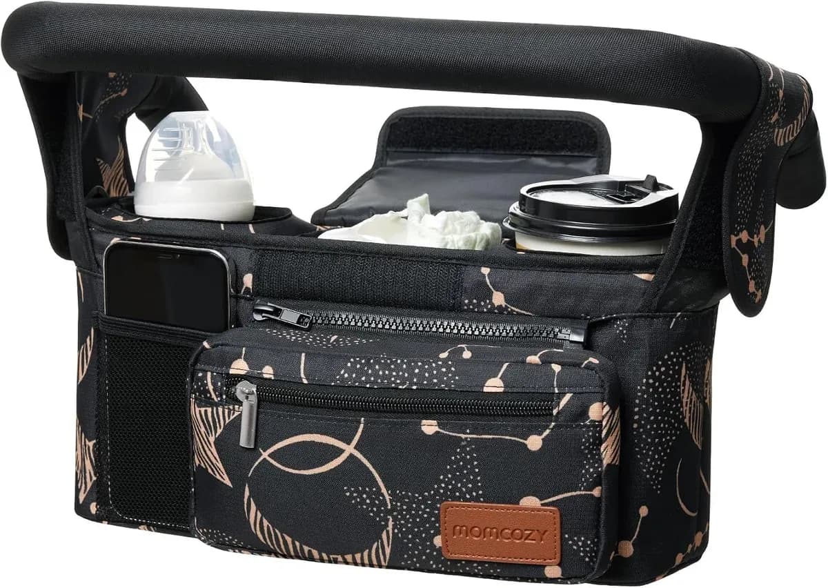 Stroller organizer in a starry pattern, shown from the front