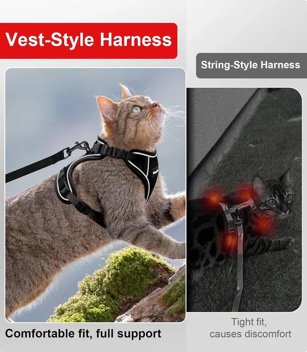 Escape-proof cat harness vest compared with a strap-style harness