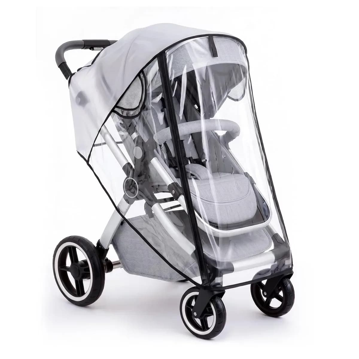 Clear stroller rain cover fitted over a stroller on a rainy day