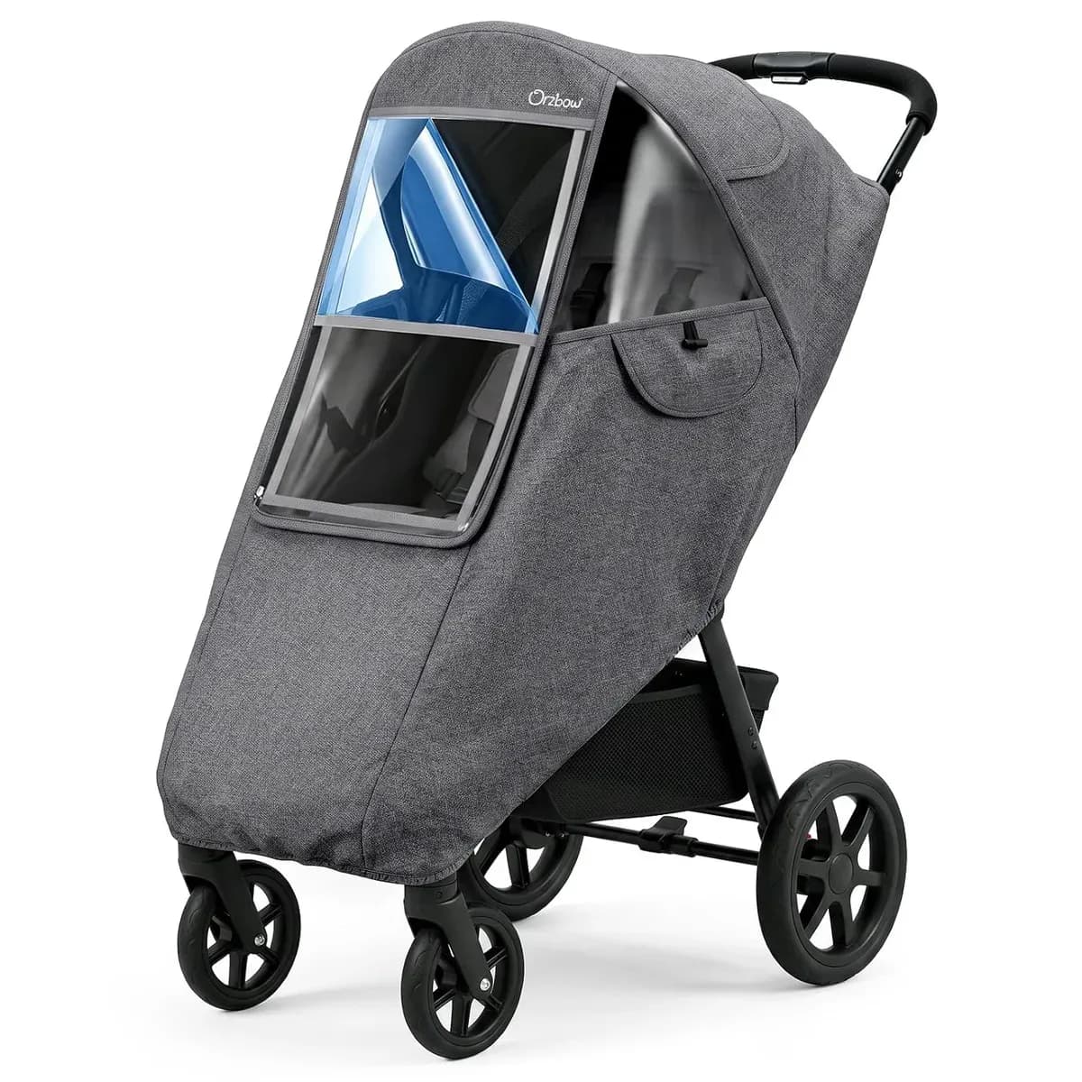 Stroller rain cover in the gray option, shown on a stroller