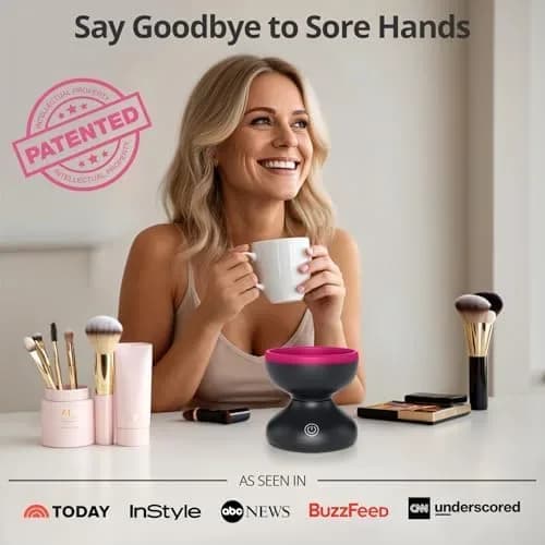 Close-up detail of the electric makeup brush cleaner and silicone bowl