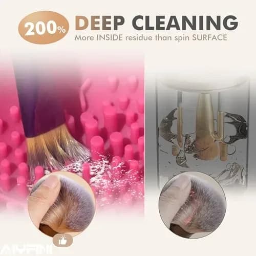 Electric makeup brush cleaner in use, spinning a makeup brush