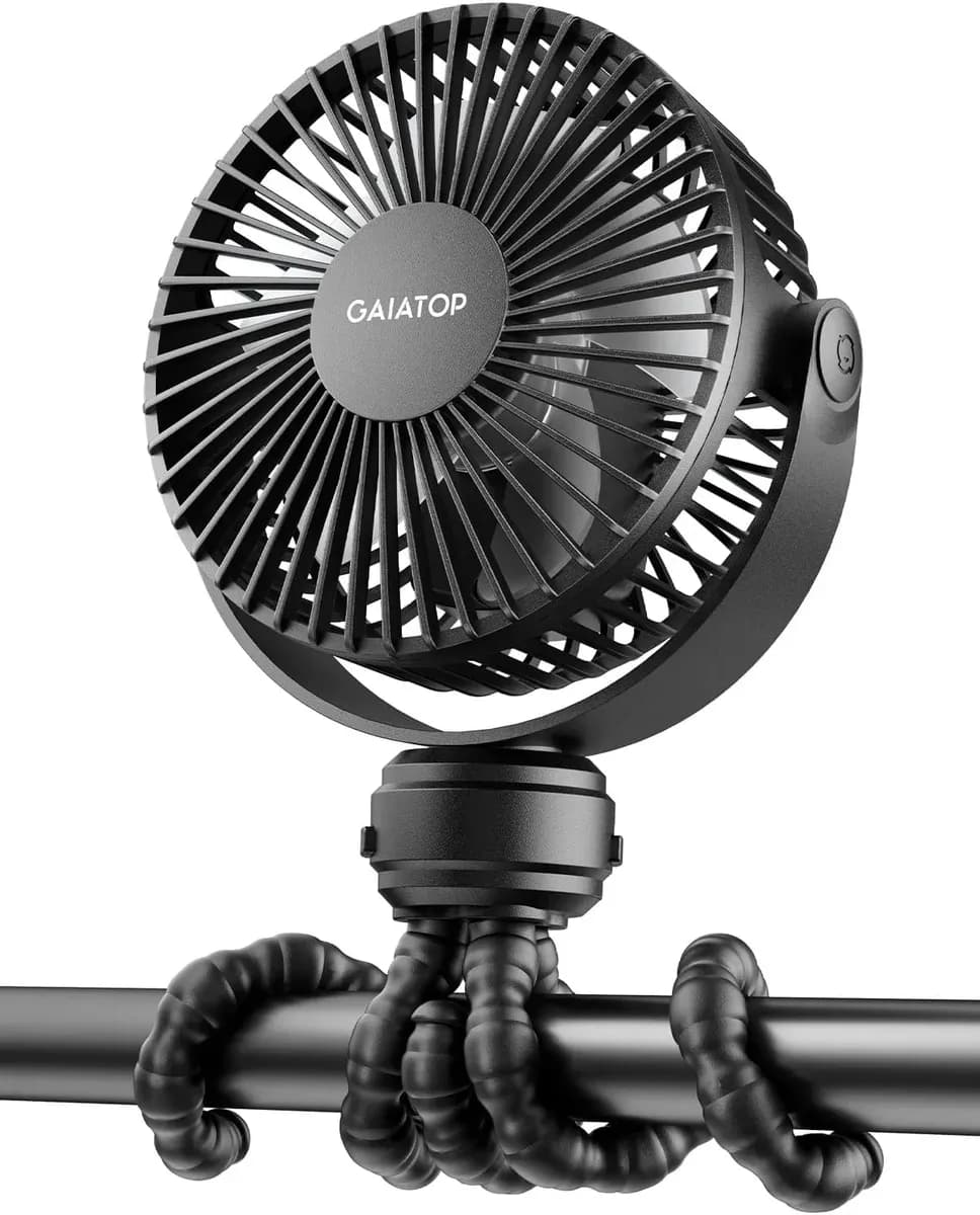 Black clip-on stroller fan with its flexible tripod legs