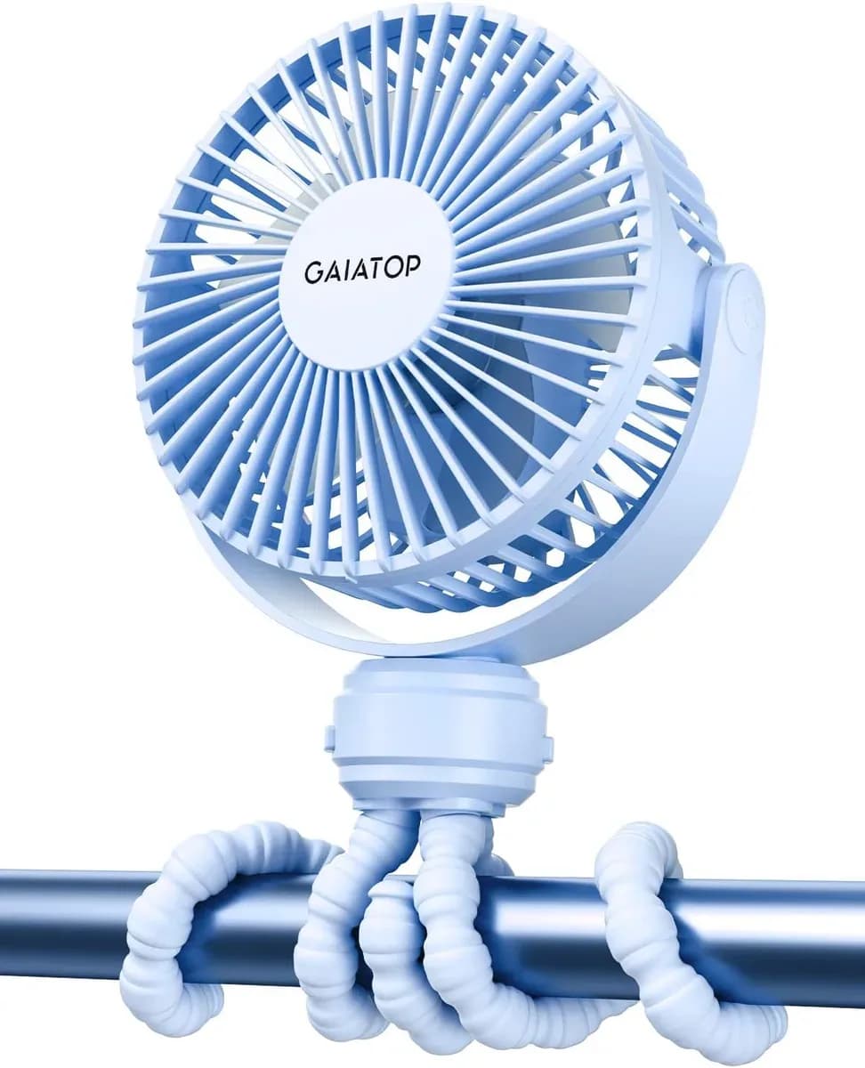 Blue clip-on stroller fan ready to wrap around a stroller