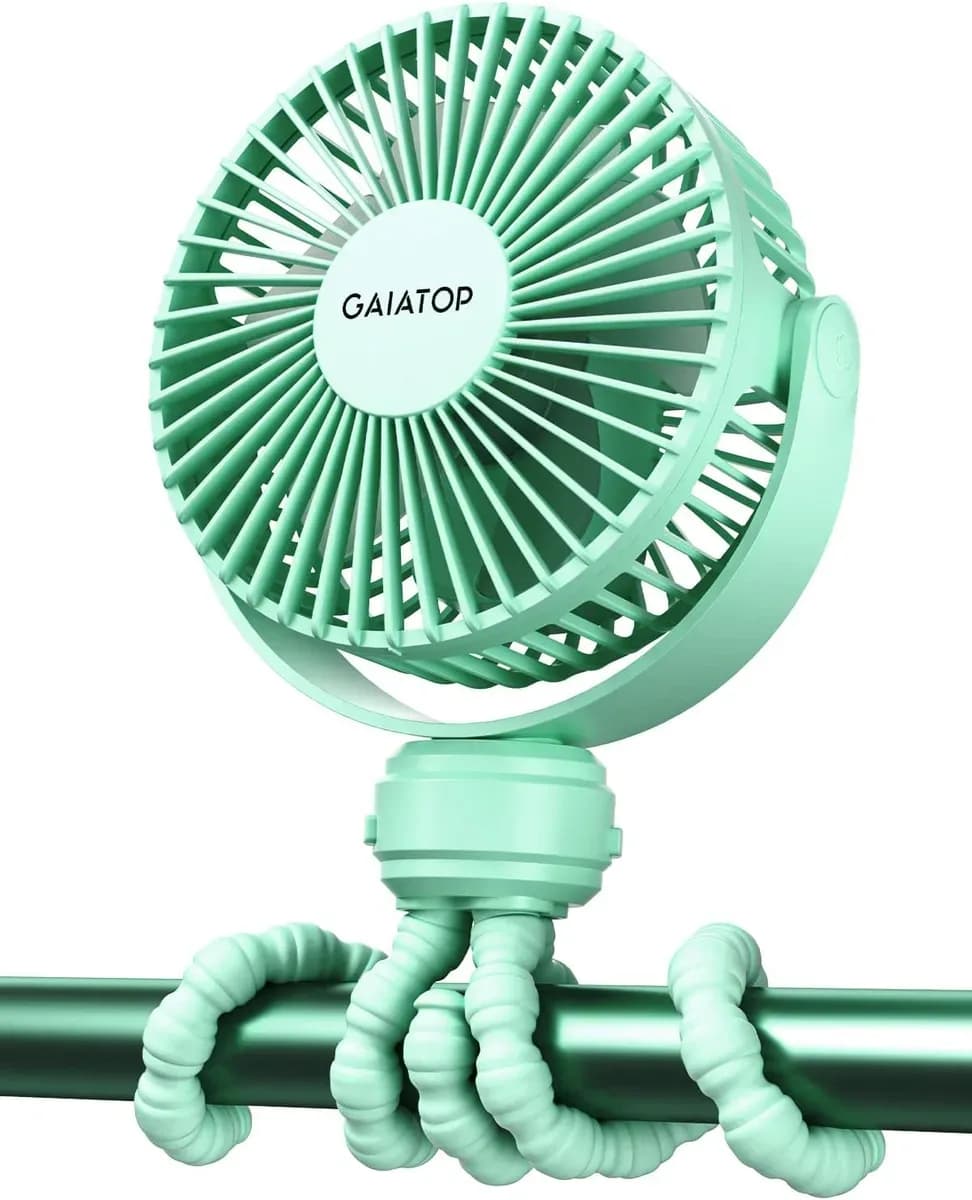 Green clip-on stroller fan with bendable silicone legs