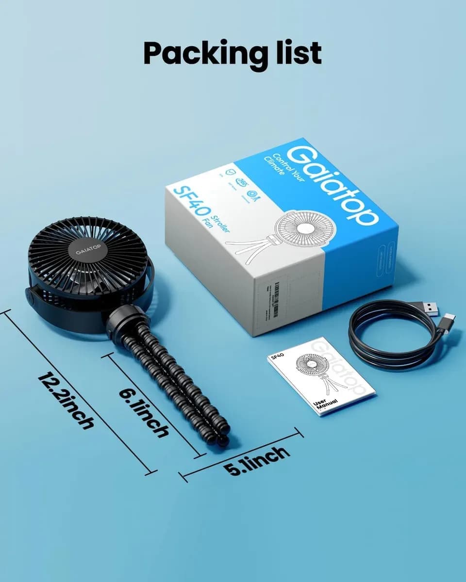 Clip-on stroller fan package contents with the USB charging cable
