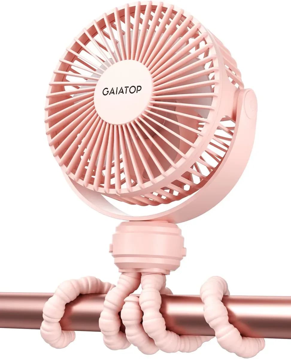 Pink clip-on stroller fan shown from the front