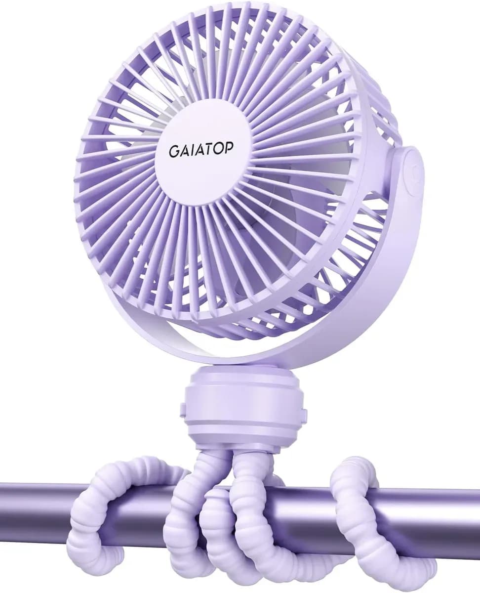 Purple clip-on stroller fan with its finger-safe grille
