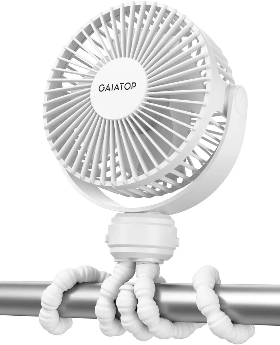 White clip-on stroller fan with a matching white tripod