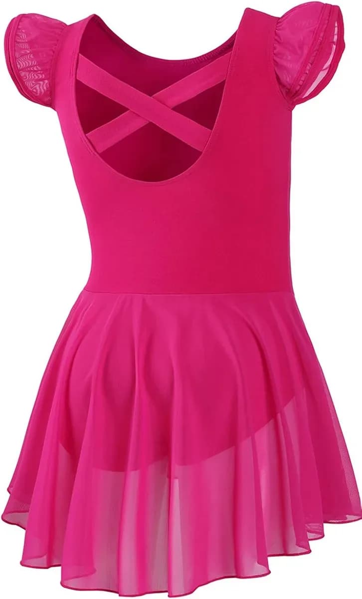 Rose colored girls ballet leotard with skirt, front view