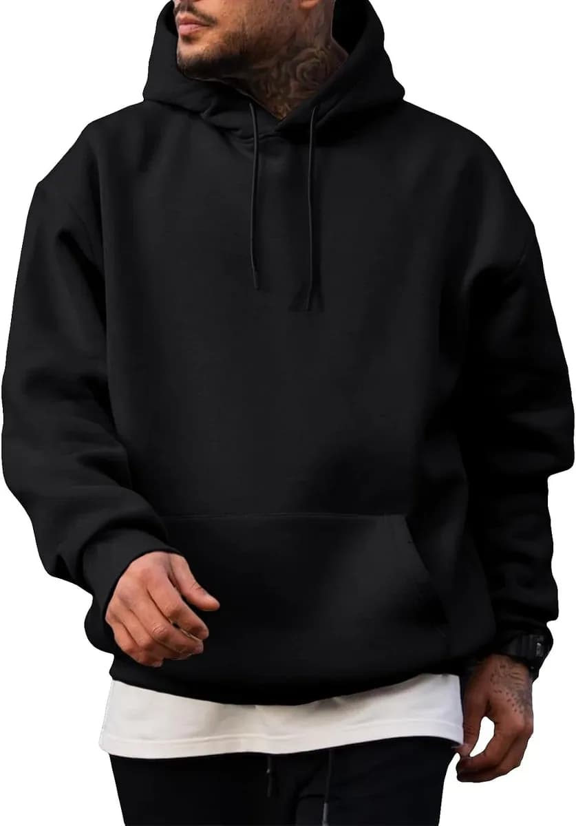 Black fleece lined hoodie for men with kangaroo pocket