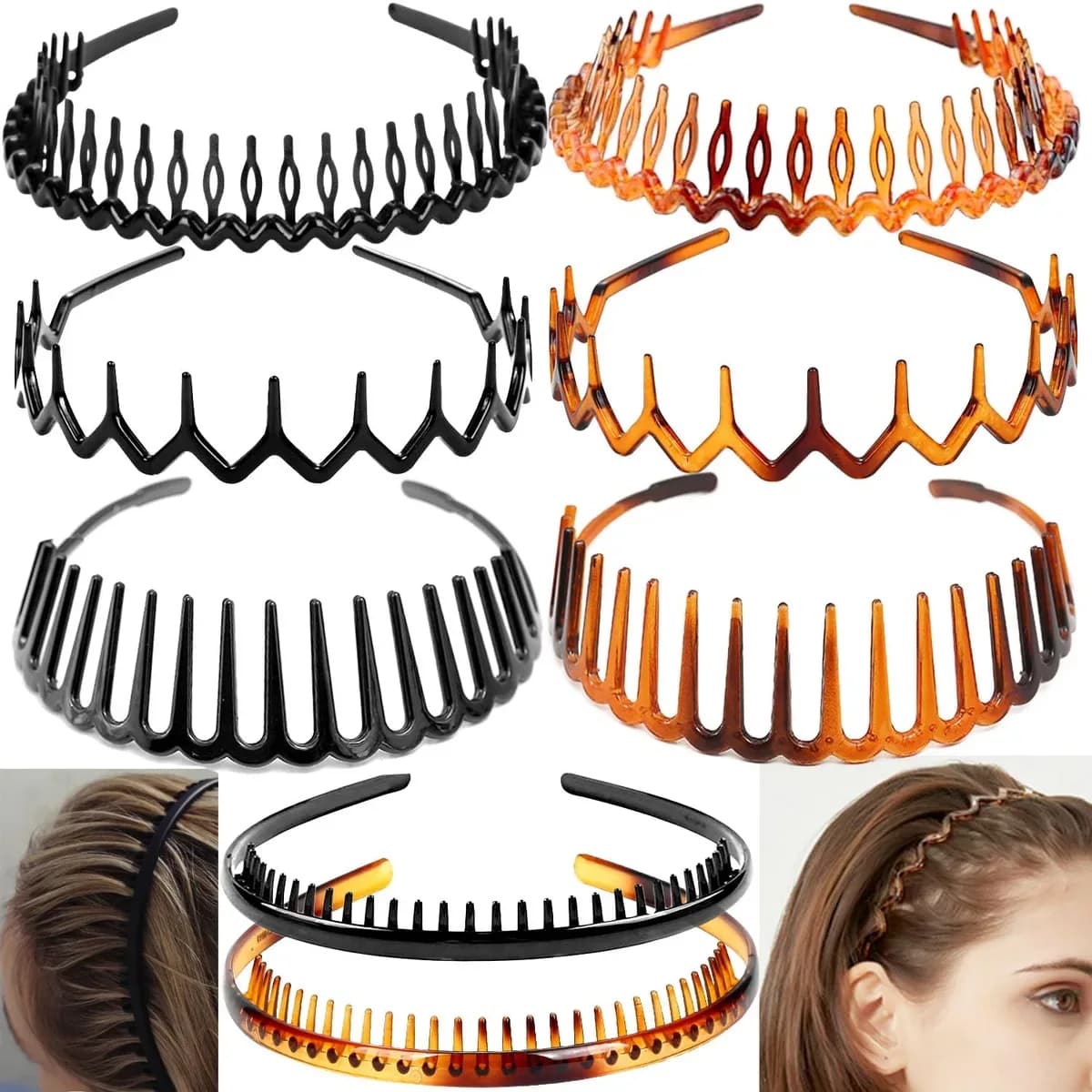 8 pack of skinny teeth comb headbands in black and amber